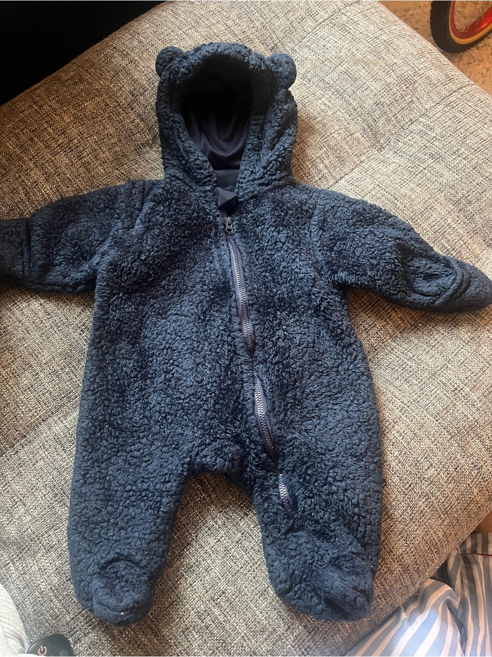 Plush Navy Baby One-Piece Footed Romper with Hood